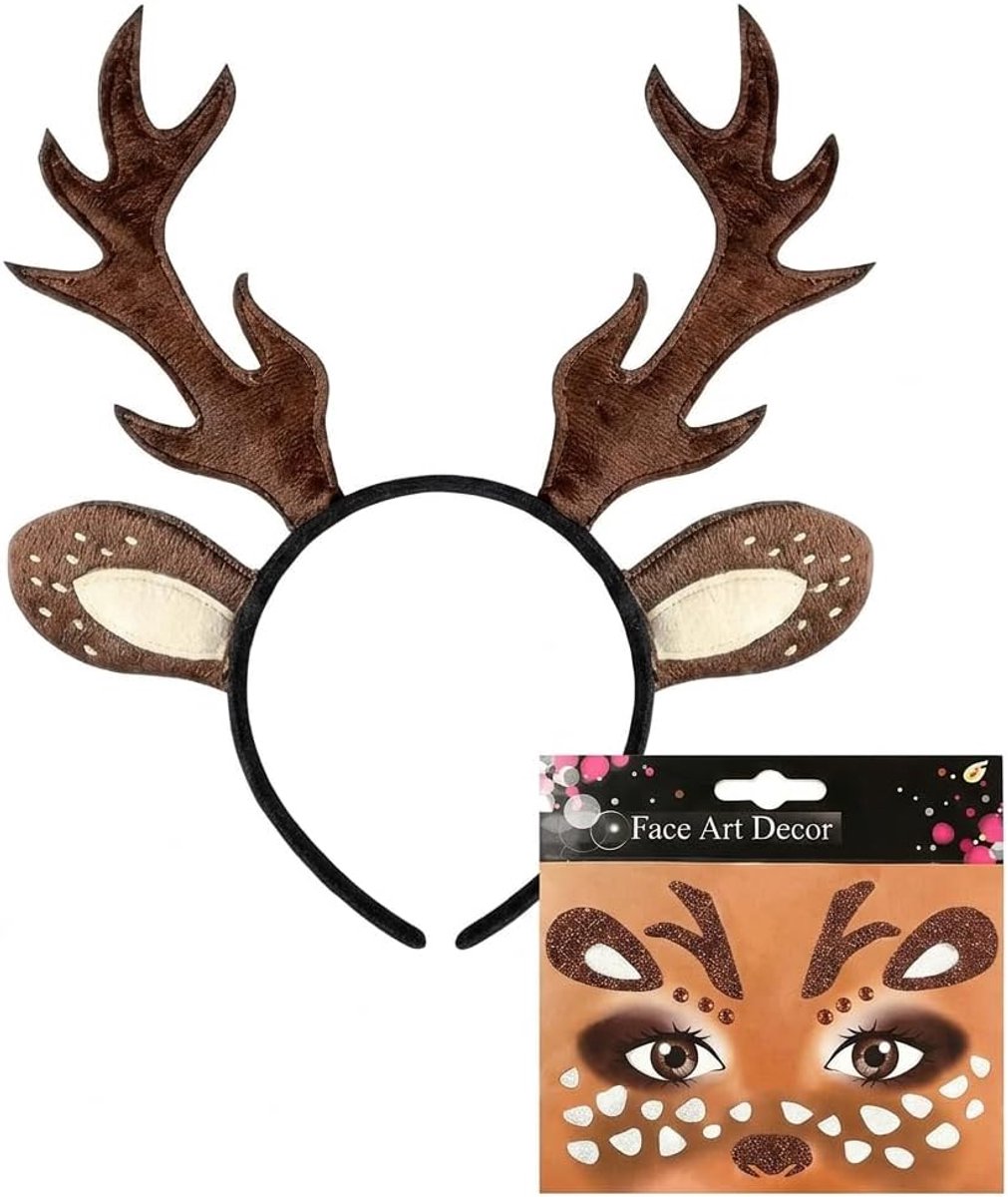 Set van 2 hertenkostuumaccessoires: 1 haarband met gewei in bruin en 1 gezichtstattoo voor dames, ideaal voor carnaval, themafeest, hertengewei hoofdtooi voor een compleet kostuum.