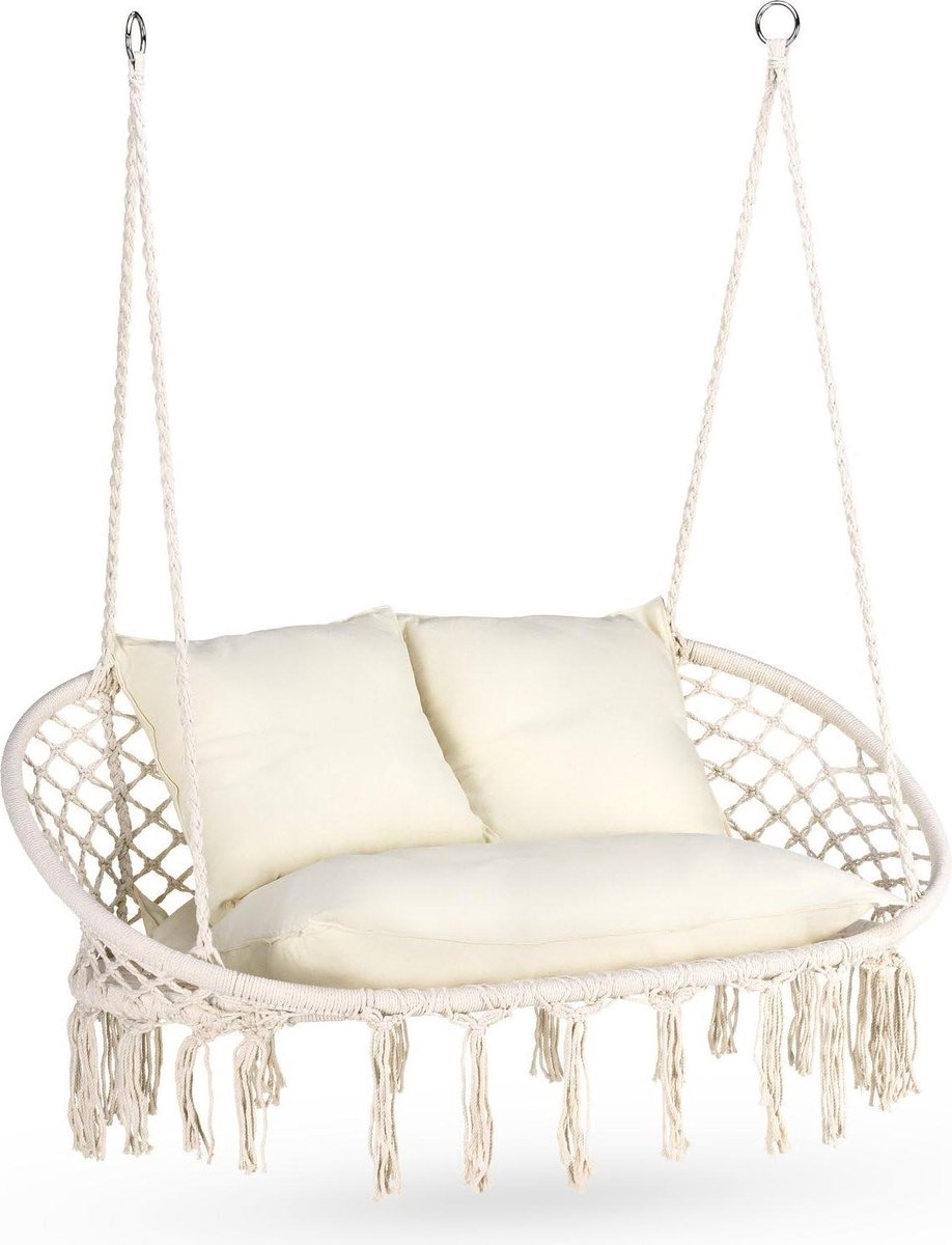 Dubbele Hangstoel - Boho Schommel - Ontspannen Genieten - Handgemaakte Kwaliteit - Tot 200kg - Beige