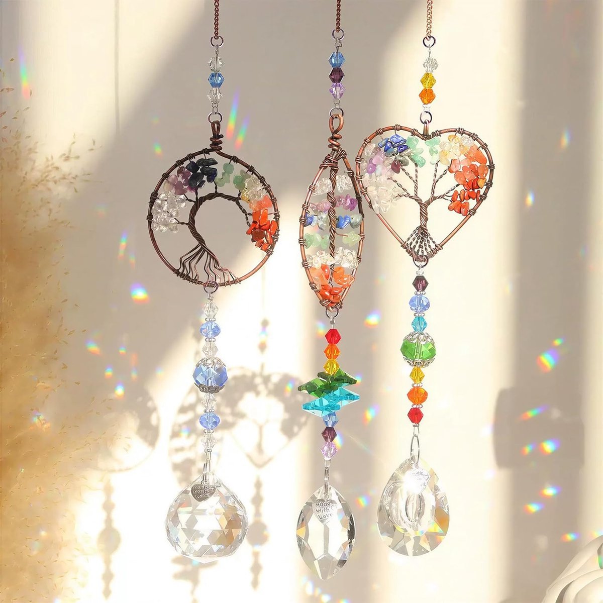 3 stuks zonnevanger levensboom: 45cm kristal Suncatcher raamdecoratie hangend met regenboogeffect voor ramen balkon tuin slaapkamer en auto