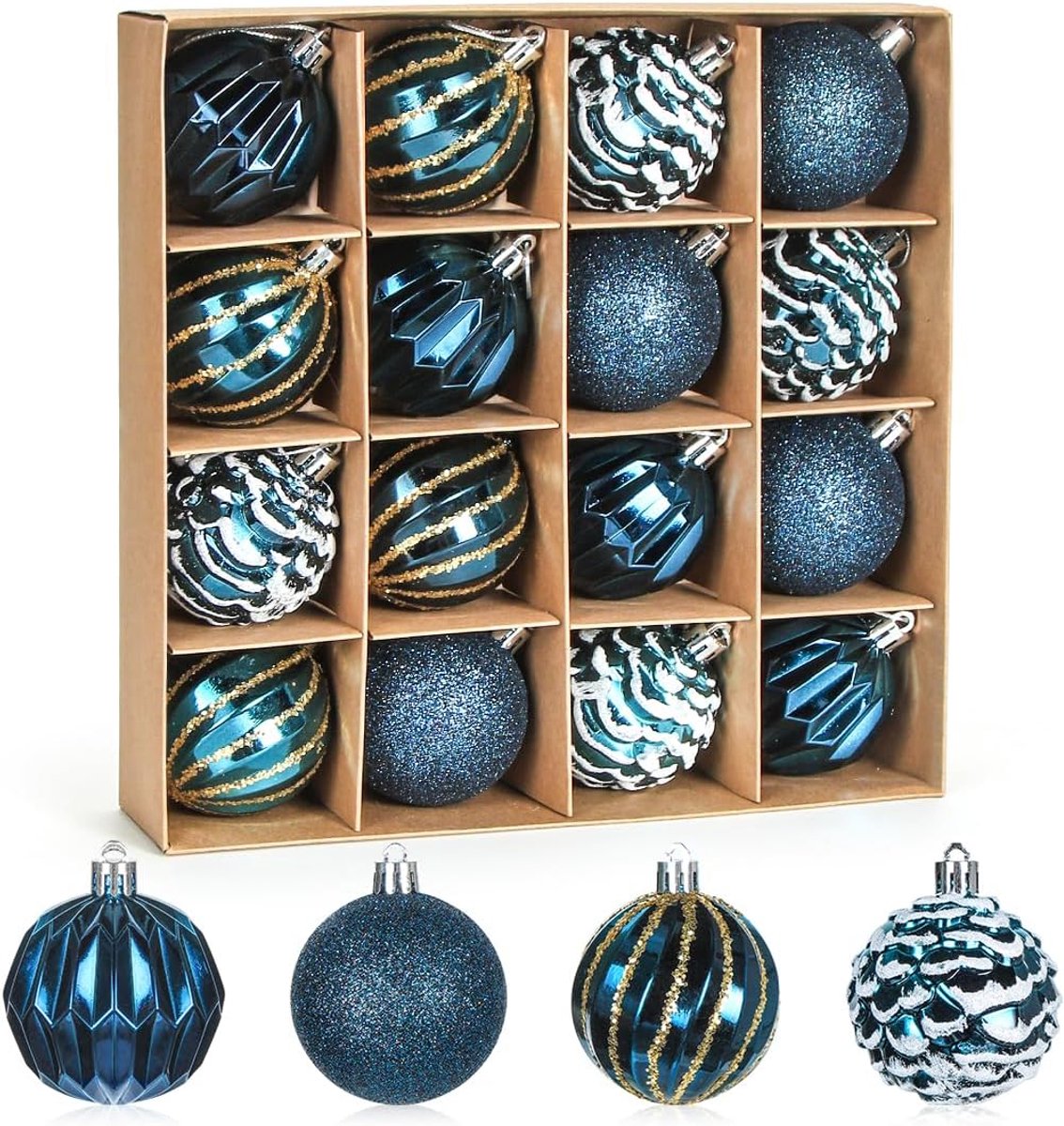 Kerstballen, donkerblauw, 16 stuks, kunststof kerstballen, 6 cm, beschilderde boomversiering, grote plastic ballen, kerstboomversiering, hangdecoraties