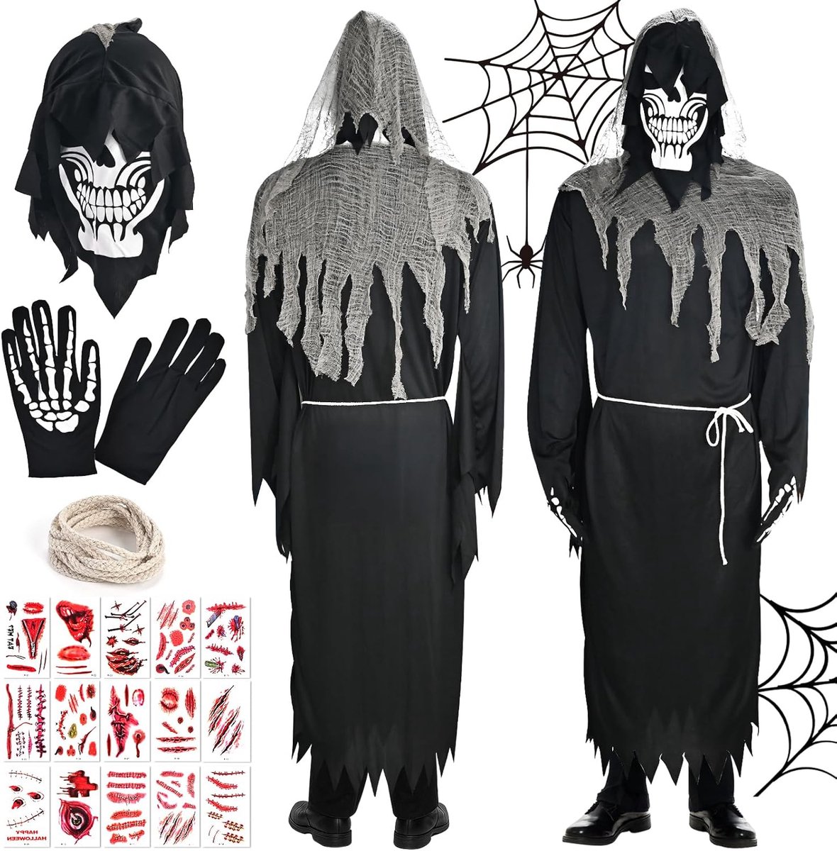 Halloweenkostuum voor heren, skelet, horrorkostuum voor heren, met gezichtsmasker, handschoenen en 25 tatoeages, zombiekostuum volwassenen, uniseks, voor Halloween en carnaval