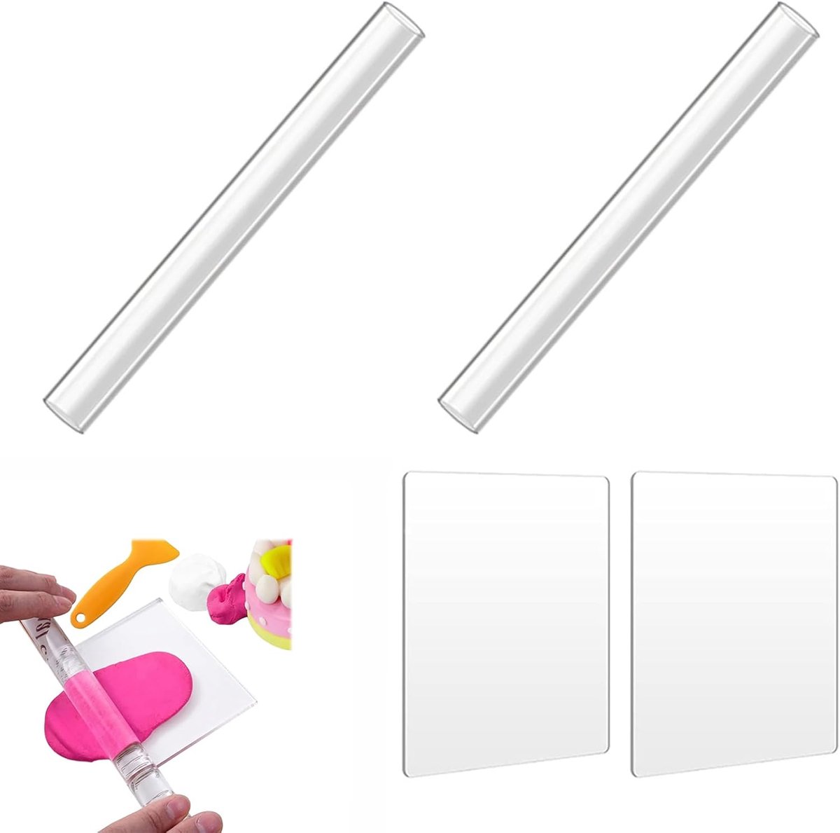 4 stuks acrylkleiroller en transparante acrylfolie, polymeerklei-gereedschap voor modelleren en vormen, accessoireset voor knutselwerk en keramiek
