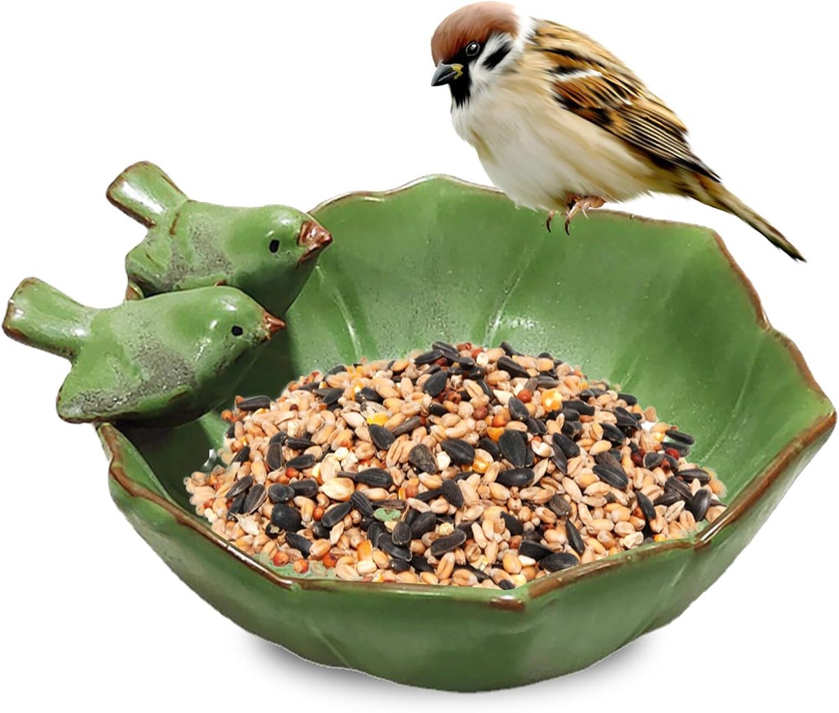 vogelbad: keramische vogelkom, met twee vogels, duurzaam, celadon ronde gietijzeren vogelbad balkon, tuin, terras, landhuisdecoratie (groen)