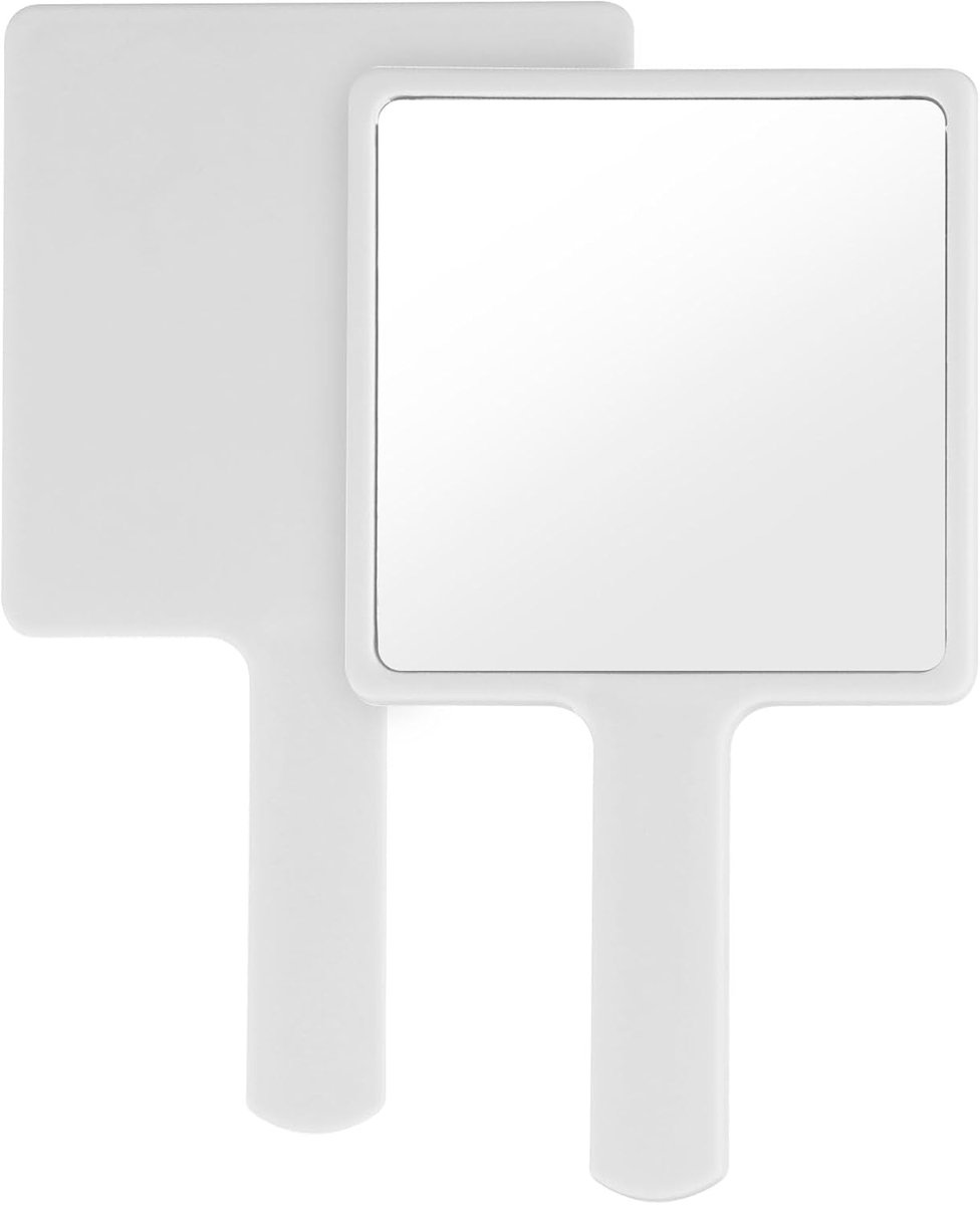 Handspiegel, make-upspiegel, vierkante vorm, professionele handspiegel met handvat, kappers, scheerspiegel, cosmeticaspiegel, vierkante zakspiegel voor handheld, thuis, op reis (wit)