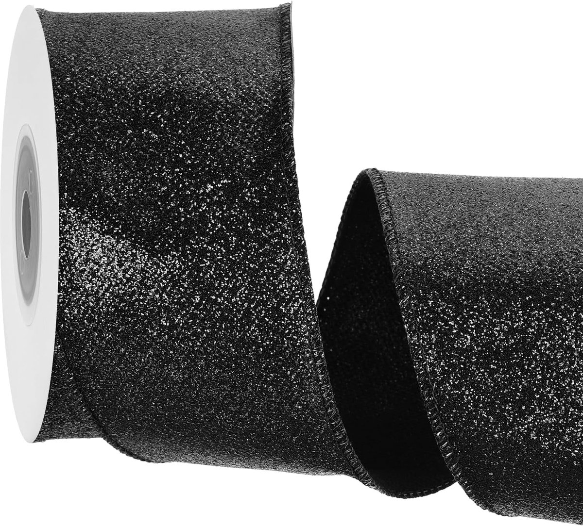 6,3 cm glitter lint met draadrand zwart iriserend lint 3,5 m voor kerstboom krans decoratie geschenkverpakking met metalen rand