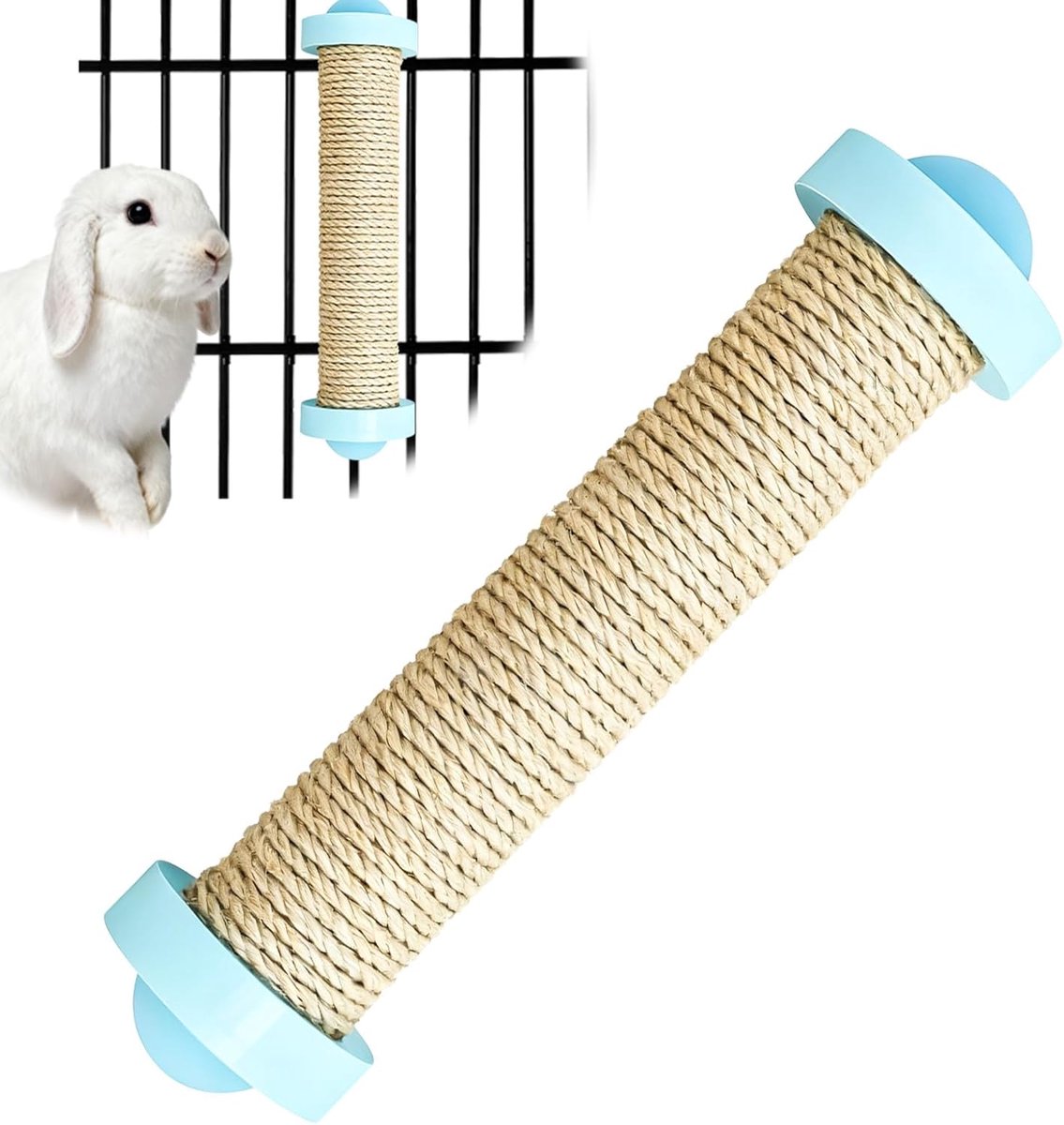 Konijnkrabpaal met sisal, konijnenkrabspeelgoed, kauwspeelgoed en nagelkrabber voor nagelverzorging en tandverzorging, interactief speelgoed voor kooi of buitenverblijf