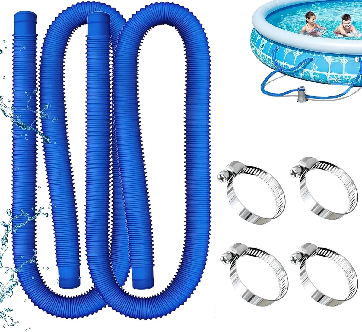 Zwembadslang 32 mm, 2 stuks zwembadslang, 100 cm zwembadslang, reserveslang, zwembadfilterslang, zwembadpompslang met 4 metalen klemmen, geldt voor filterpomp (blauw)