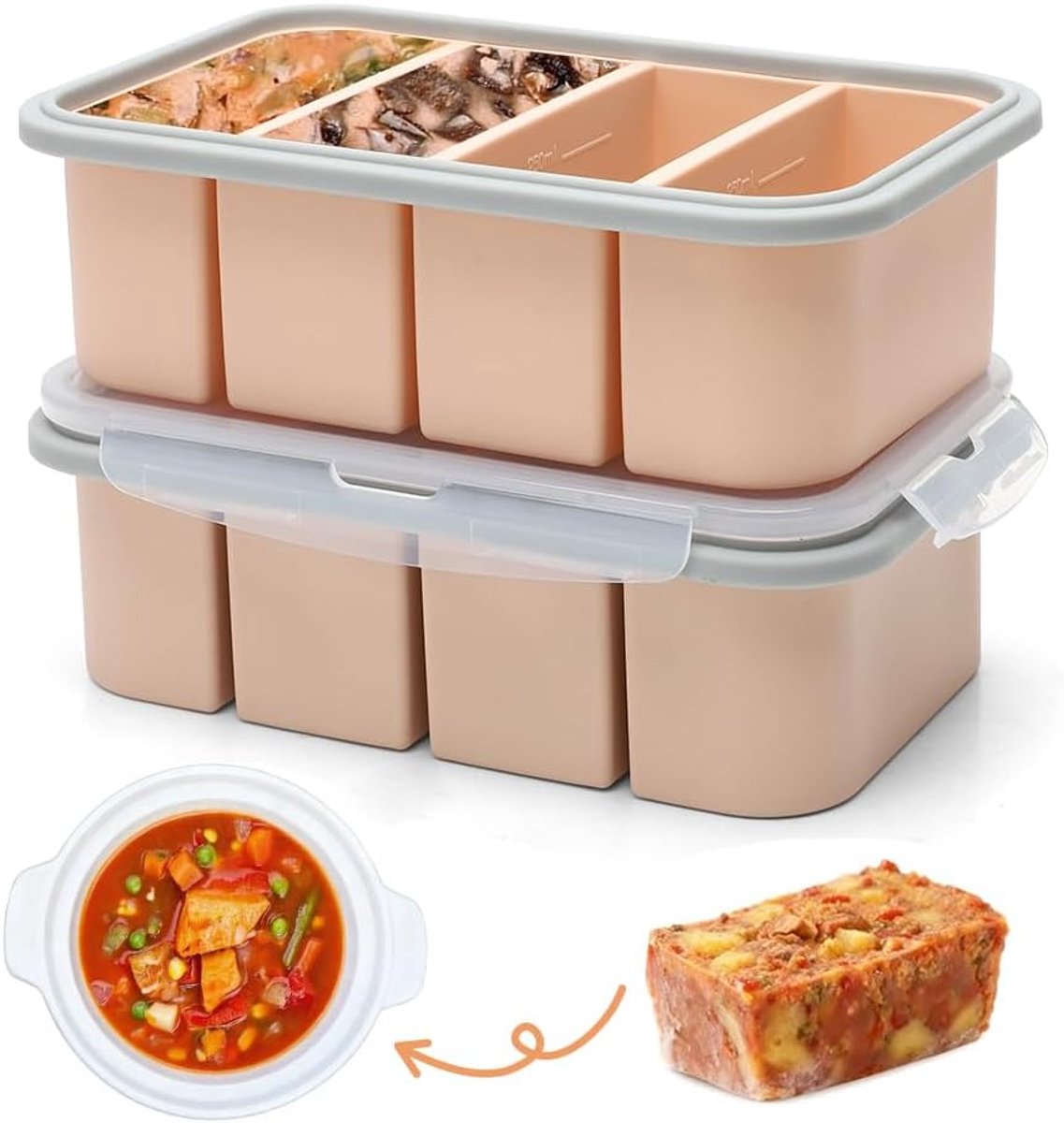 vriesvorm, container met 4 gaten, 2 stuks ijsblokjesvorm, vriesdozen met deksel, voedselcontainer, voorraaddoos voor soep, ijsblokjes en bouillon, saus of boter (oranje)