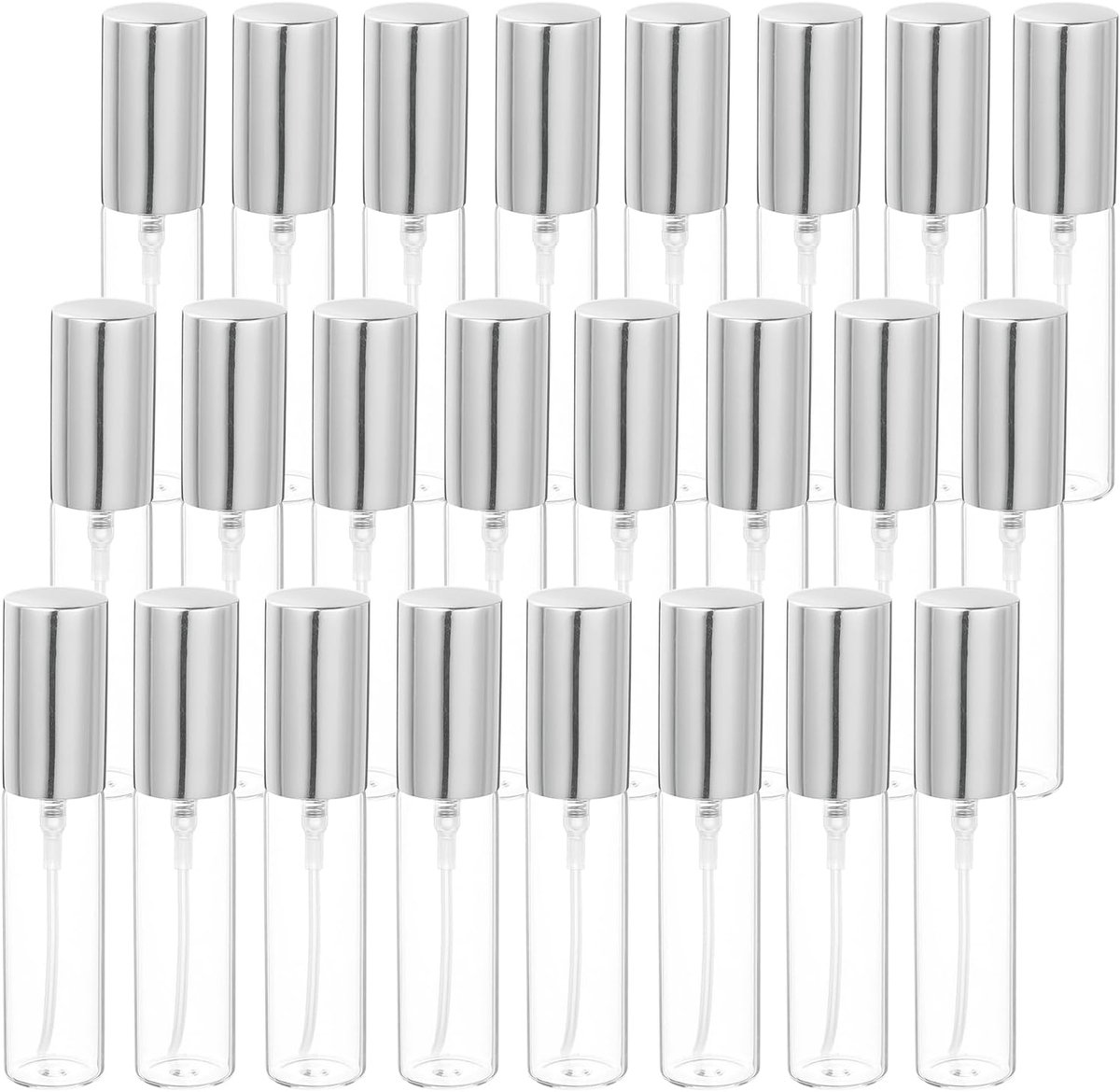 Glazen mini-parfumflessen, 25 stuks, fijne spuitflessen, navulbare lege mini-spuitflessen met aluminium mondstuk voor parfum, reisvloeistoffen, etherische oliën (helder/zilver)