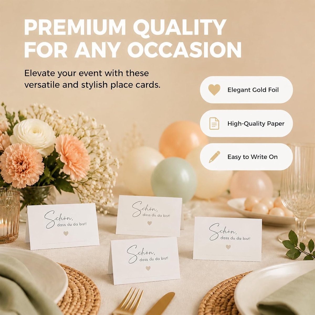 50 stuks plaatskaarten – naamkaartjes bruiloft met "Leuk dat je er bent!" & hartmotief, elegante tafelkaarten voor feesten & evenementen