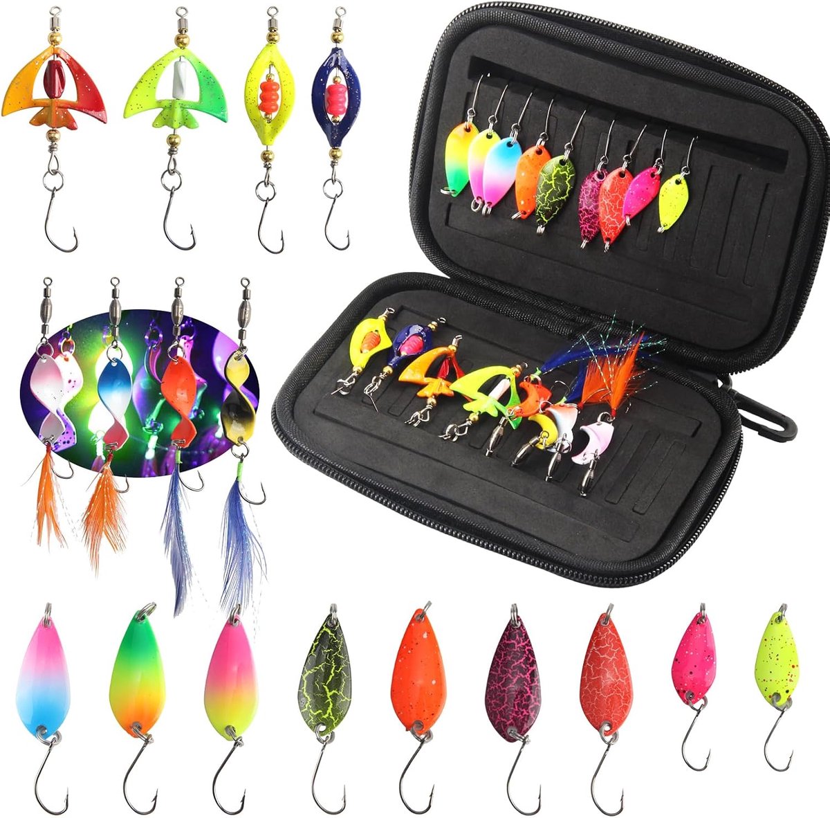 17 stuks forelaas, 1,5 g/2,5 g/3,5 g, spoons, forel met tas, forel, vissen, veelkleurige lepelset, knipperlichten, twist, visaccessoires, forel voor alle weersomstandigheden en water, vis