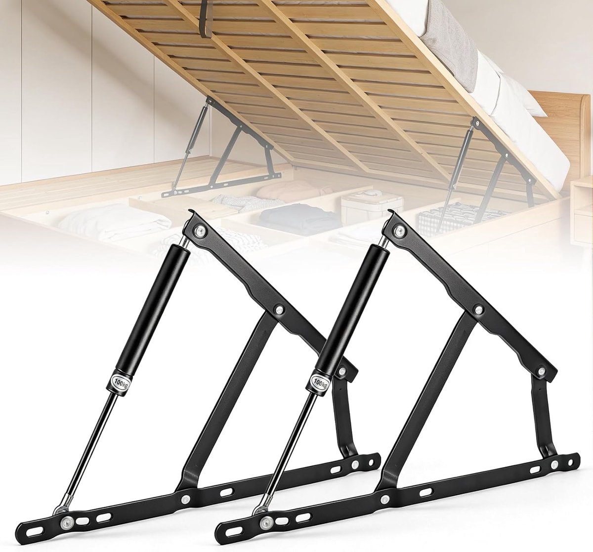 hefmechanisme, 2 stuks, gasveer voor zware bedlades, 100 kg laadvermogen, scharnieren, inklapbaar, lift-up-veerscharnieren voor bed, opbergbed, box, accessoires, bank (100 kg)