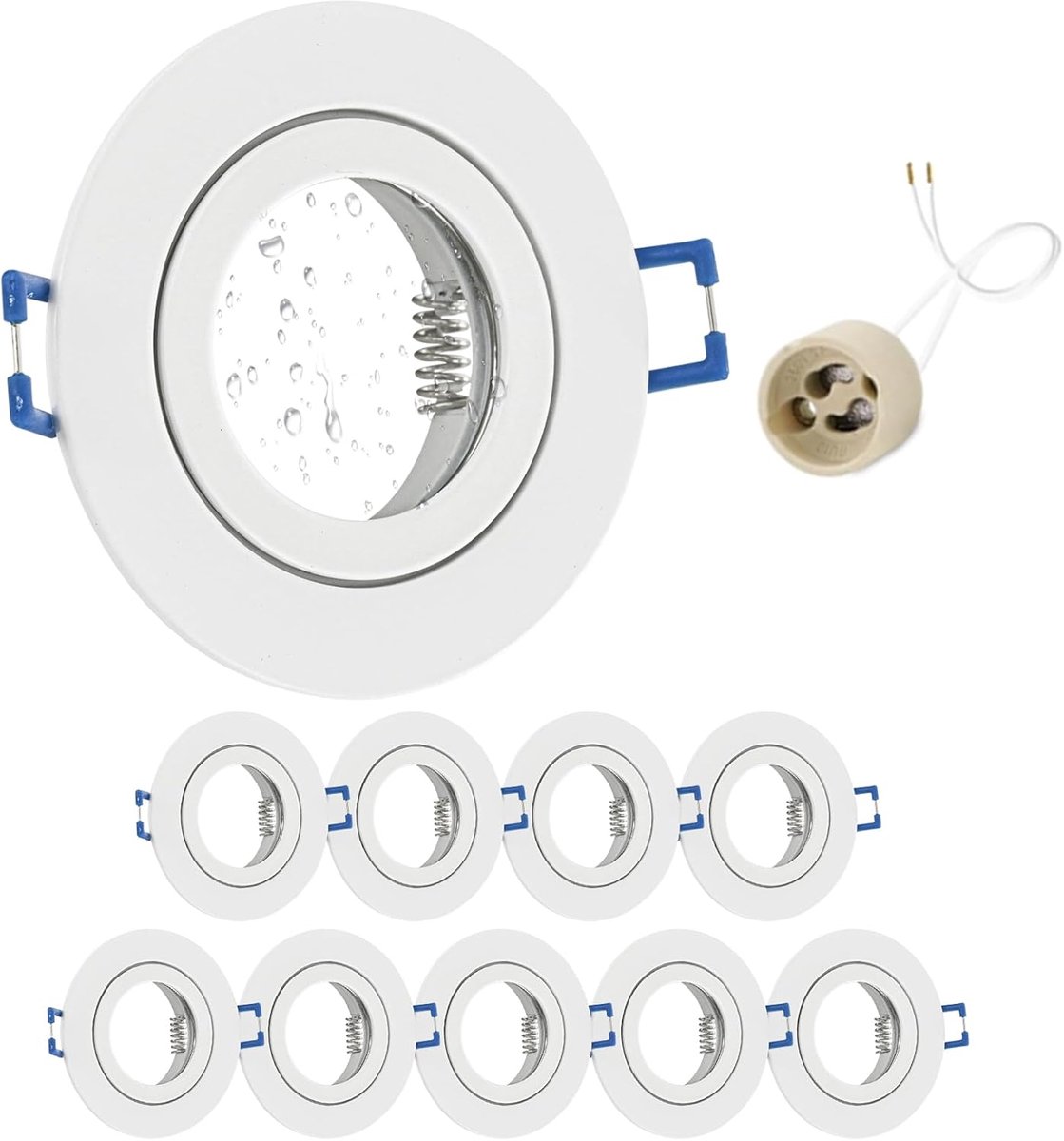 10 x led-inbouwspot, 230 V, IP44, frame met GU10-fitting, plafondspots van aluminium, wit, rond, plat, spots, badkamer, inbouwframe, 68 mm, voor buiten, binnen