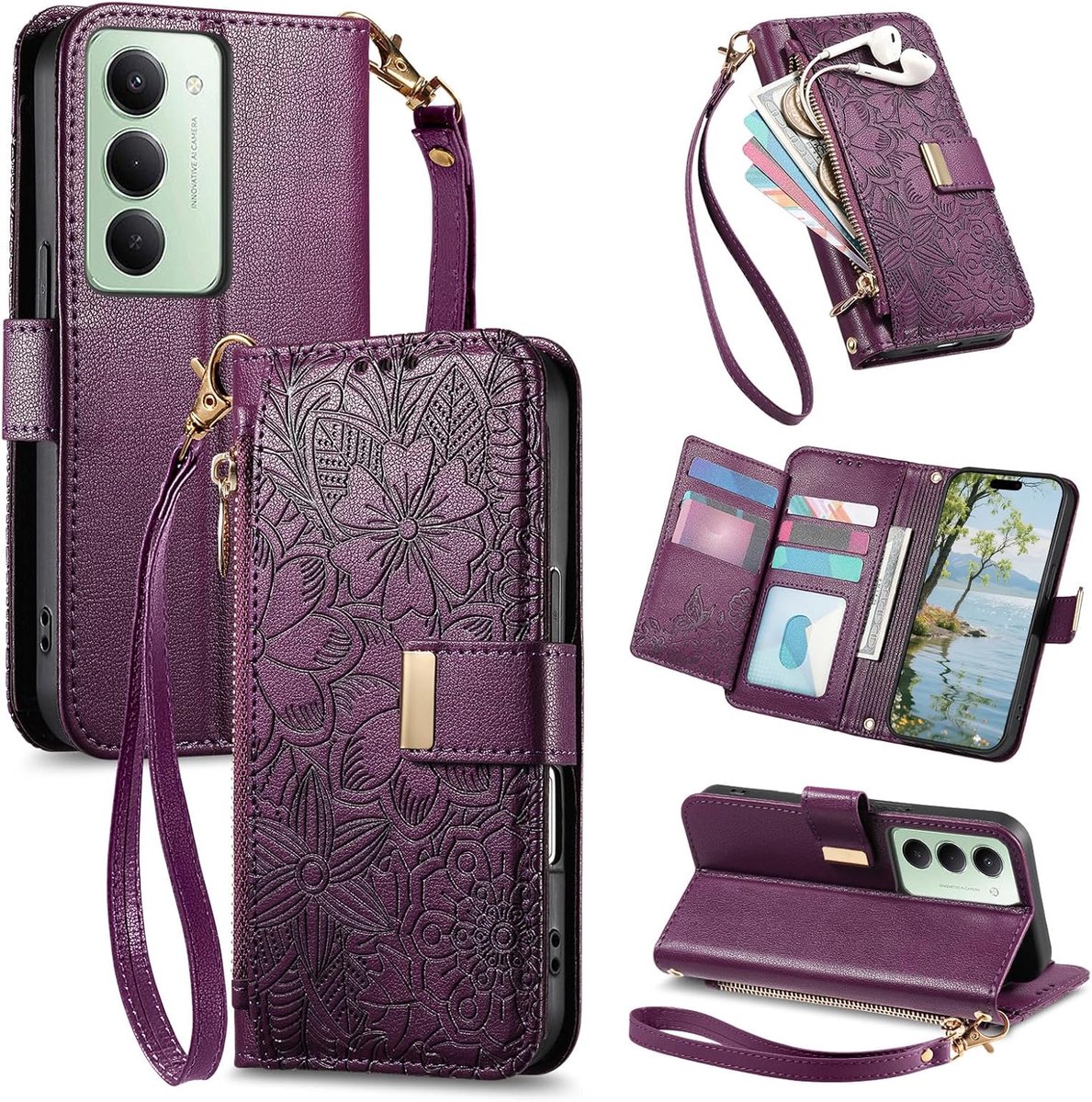 Portemonneehoes voor Xiaomi Redmi 15, leren flip case met kaartvakken en muntvak met ritssluiting, magnetische sluiting, functie voor inklapbare standaard