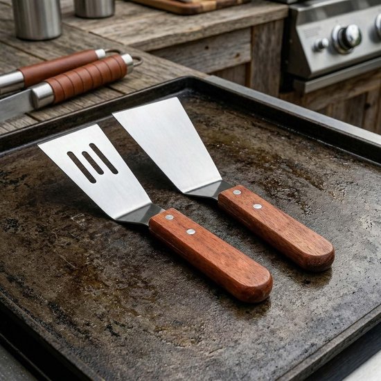 Spatels van roestvrij staal met houten handvat, spatel voor frituren, grillbenodigdheden, teppanyaki, pizzaschep steak, set met gat, glad — afbeelding 2