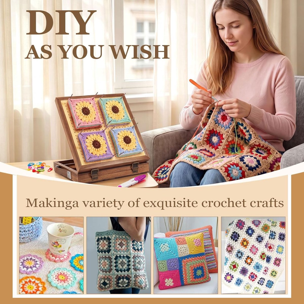 29,5 cm Granny Square Spanner groot, blokkeerplank haken met opberglade, 26 pennen, 2 haaknaalden, 1 schaar, 95 markeringsnaalden, haakaccessoires, voor grootmoeders en haakfans