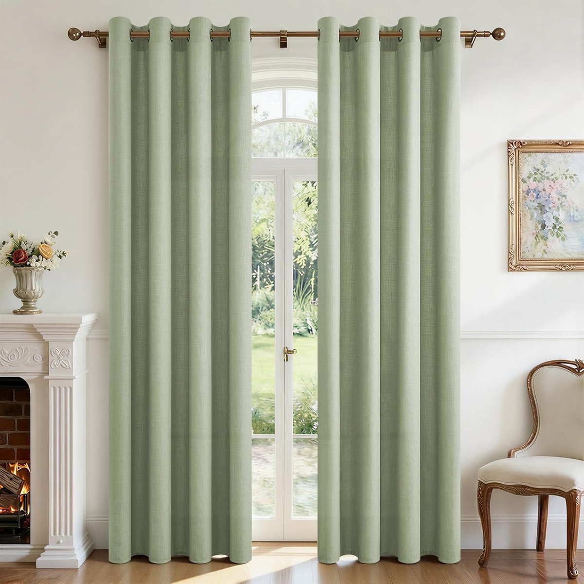 Gordijn, linnen, groen, half-transparant, gordijn met inslagringen, landhuisstijl, gordijnen met ogen voor woonkamer, slaapkamer, kinderkamer, raam, set van 2, H 240 x B 140 cm, linnen