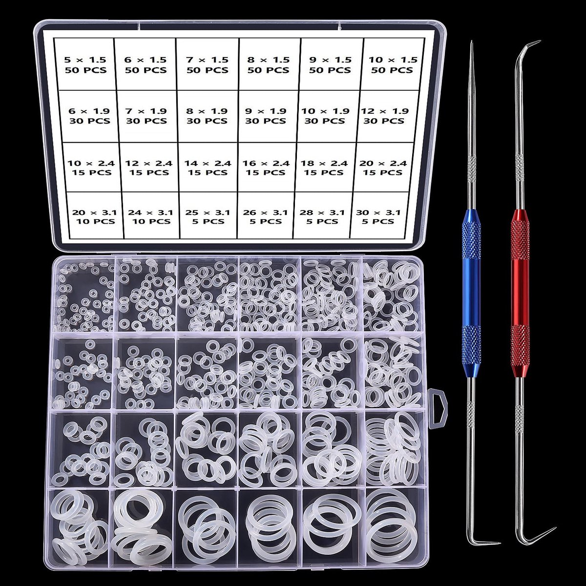 O-ringen Assortimentset, Silicone Metrische O-ringen, met Dubbelkoppige Haak en Pick, voor Tap Sanitair Wasmachine Afdichting & Auto Snelle Reparatie
