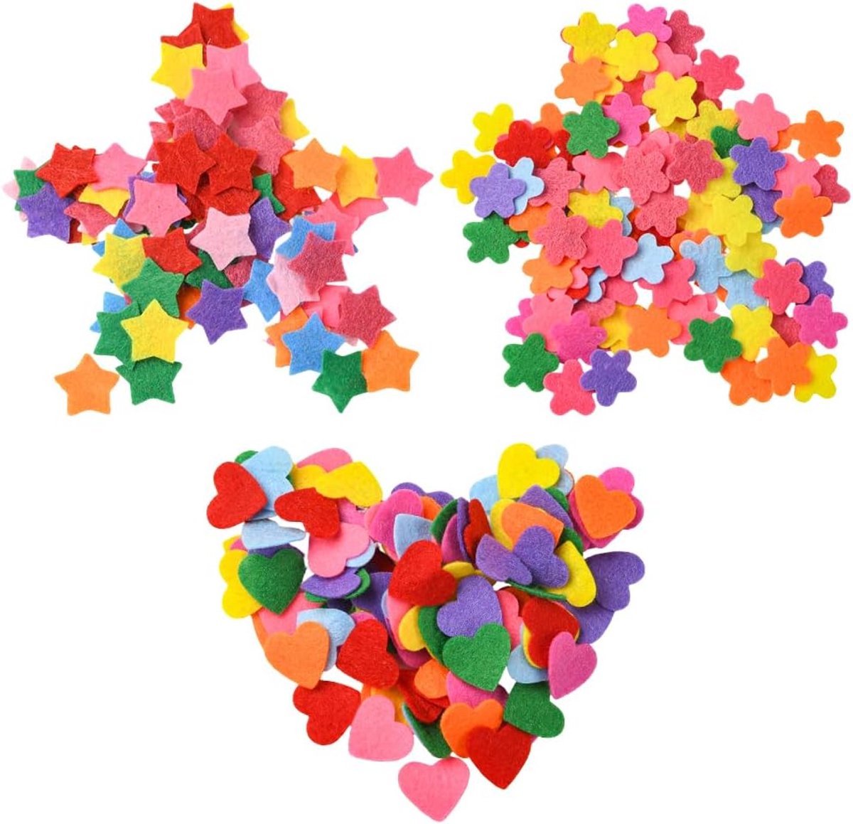 300 Stks 3 Stijlen Vilt Vormen Stof Ornament Kit Diverse Willekeurige Gemengde Kleurrijke Niet Geweven Bloemen Hart Ster Handgemaakte Versieringen voor DIY Crafting Naaien Kleding Tassen