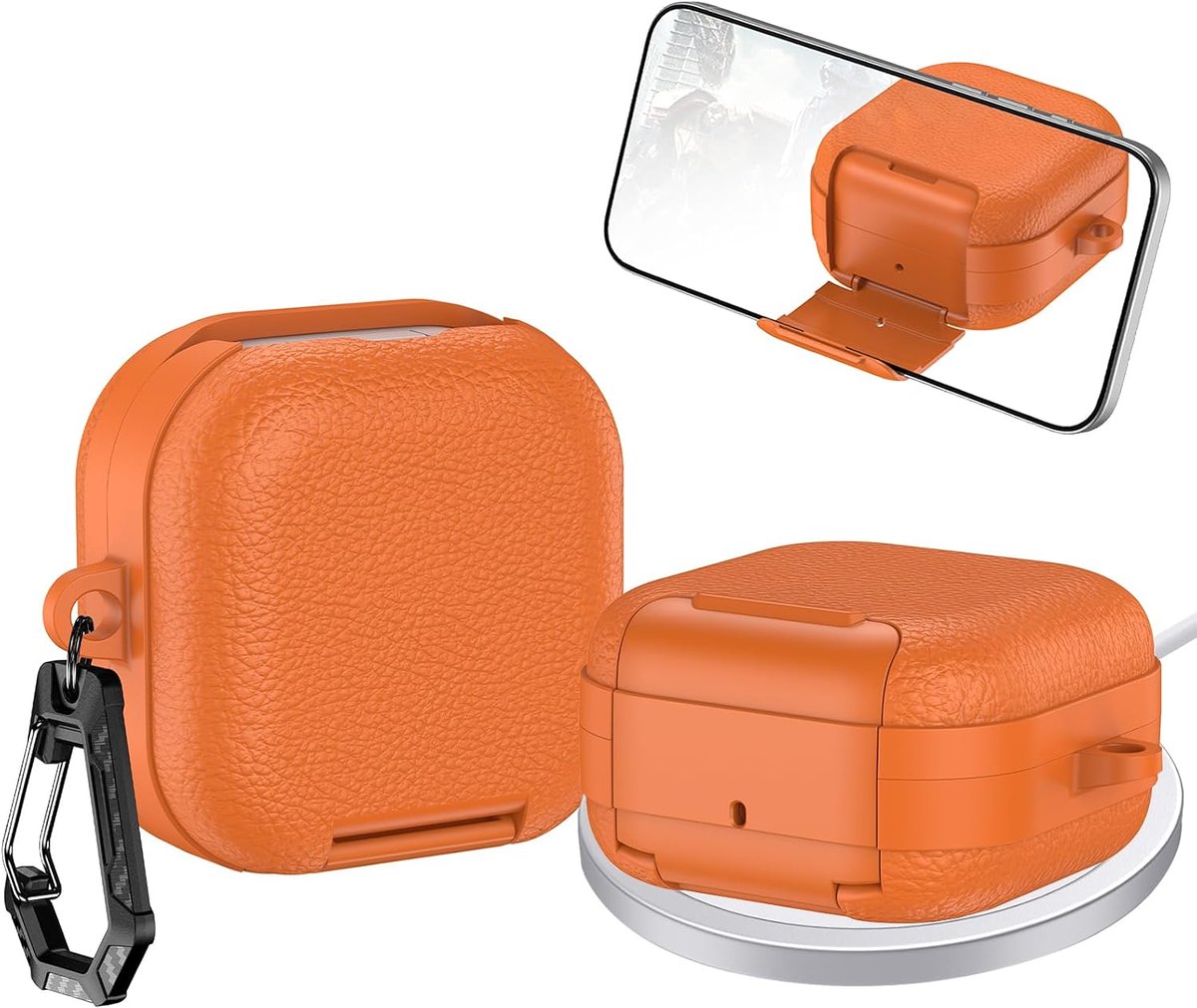 Hoesje voor Samsung Galaxy Buds 4 Pro met Karabijnhaak PWZ Oranje | Lederen Textuur Drop Protective Hard met Standaard en Veiligheidsslot voor Samsung Galaxy Buds 4 Pro