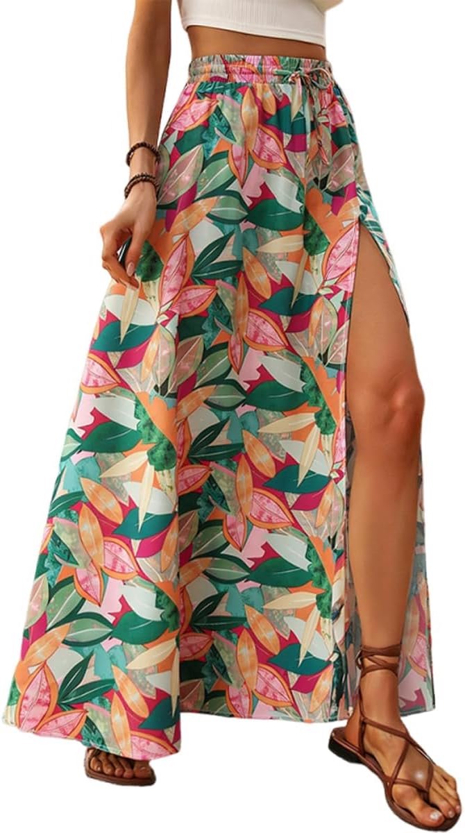 elegante rok voor dames, bedrukte maxirok, zomerrok met split, A-lijn, zomer, maxi-rok, elastische hoge taille, strandrok, vrijetijdsrok