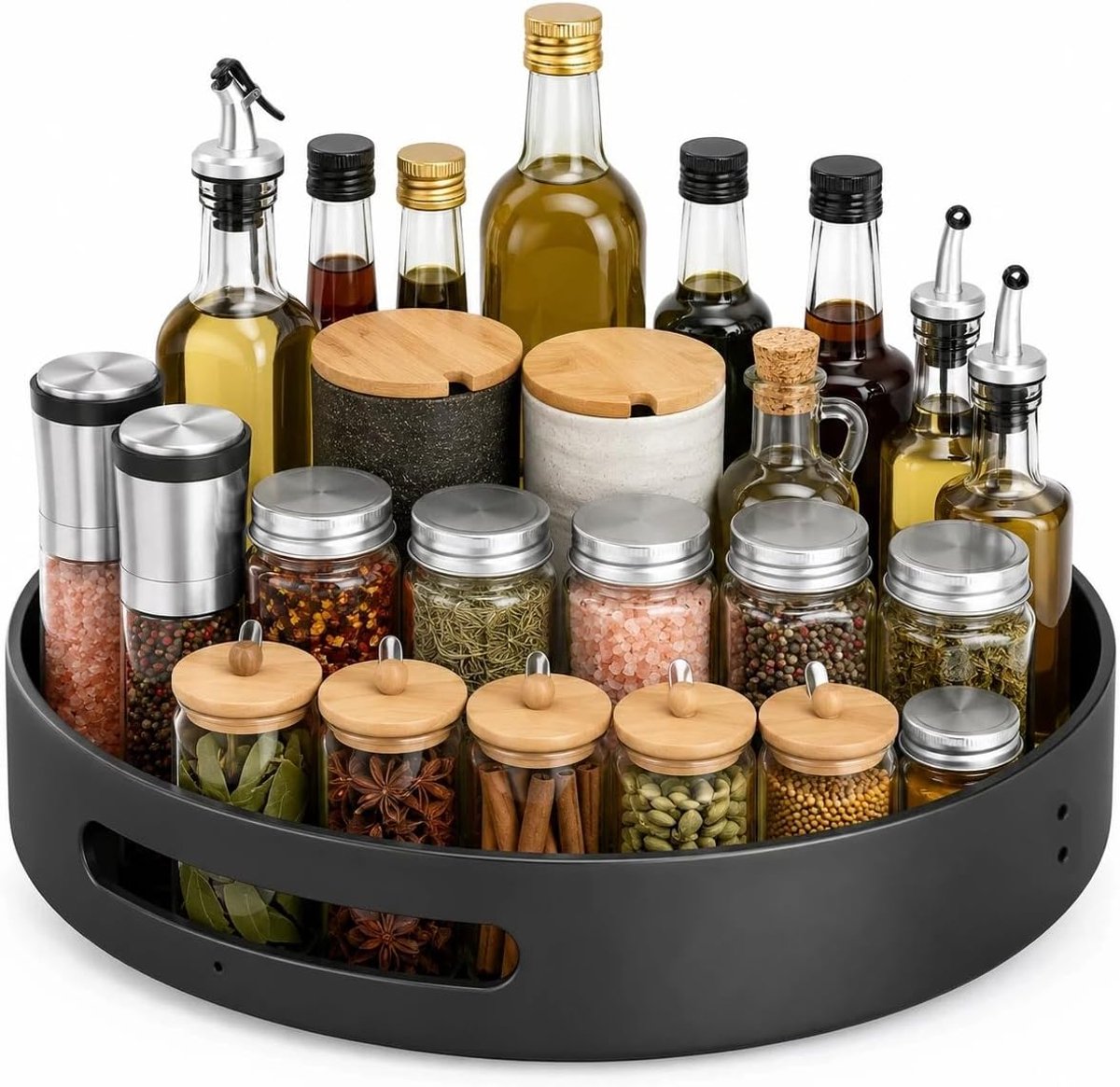 360° draaibaar kruidenrek, Lazy Susan draaitafelorganisator, koolstofstaal draaibaar opbergbak voor keuken, badkamer, bijkeuken, 30 cm, zwart