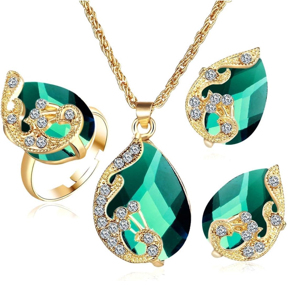 Sieradenset voor dames en meisjes, kristallen pauwenhanger, halsketting, oorbellen en ringen, set, sieradenset, zirkonia, cadeau bruidssieraden, groen