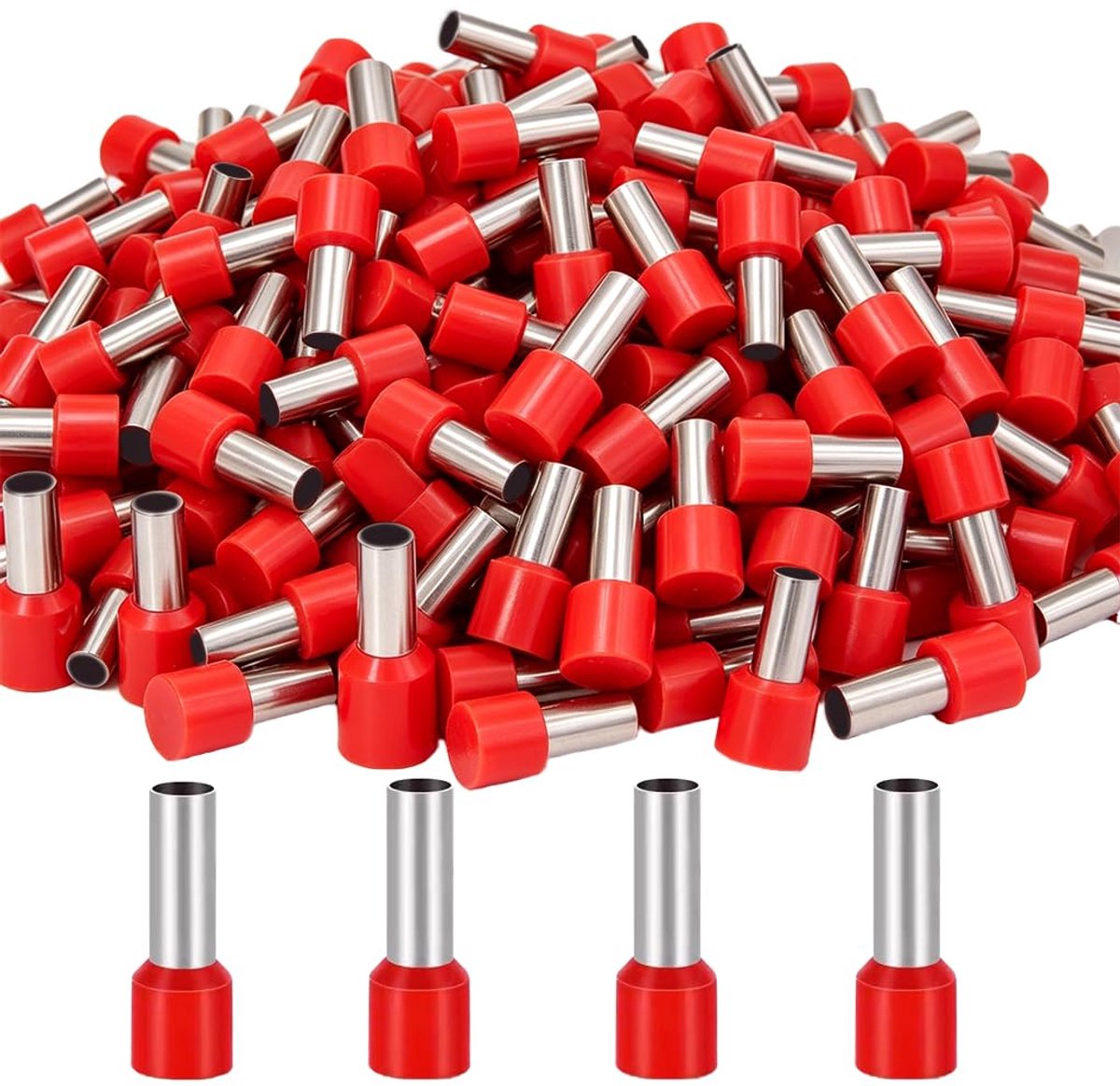 200 stuks adereindhulzen, 10 mm², rood, 12 mm lang, geïsoleerde kabeleindhulzen voor veilige draadverbinding, hoogwaardige koperen krimpverbinders, compatibel met Wago klemmen en kroonluchterklemmen