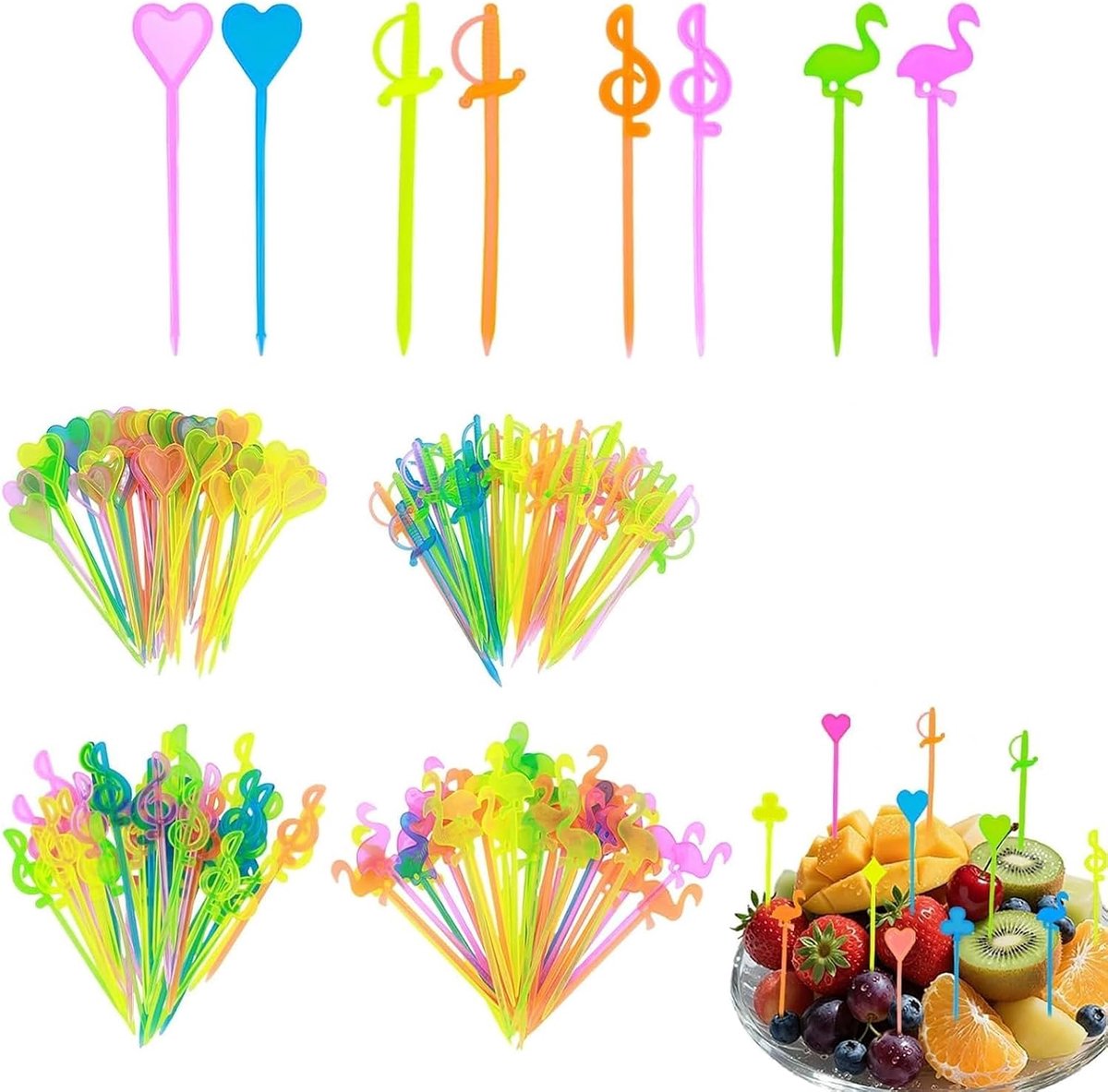 200 stuks fruitspiesjes, kunststof, hart, flamingo, noten, design, kinderen, fruitvorken, BPA-vrij, herbruikbaar, fingerfood spiesen, partypicker voor snacks, barbecue, cocktailfeest