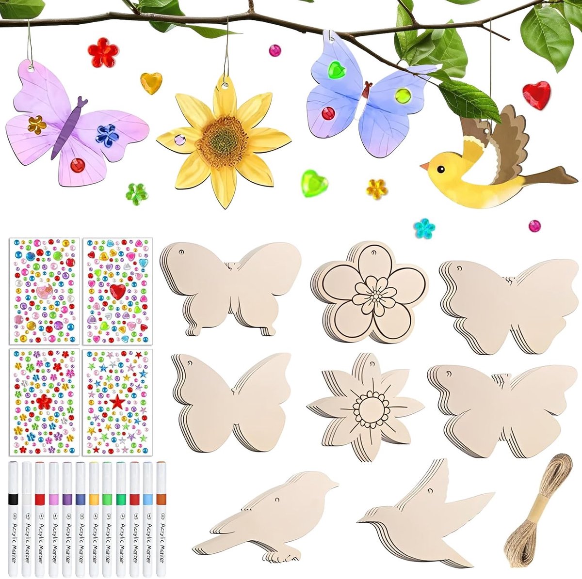 Houten knutselsets, knutselen, vlinder, bloem, vogel, houten hangers om te beschilderen, waterdicht, verjaardagsdecoratie, doe-het-zelf creatieve sets met aquarelstift