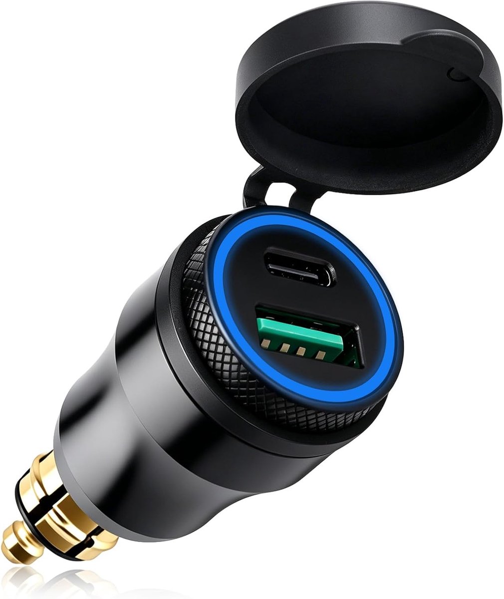 30 W USB-oplader voor motorfiets, DIN Hella naar type C, adapter voor motorfiets, waterdicht | PD & QC 3.0, aluminium met led, 12 V/24 V, compatibel met BMW, Ducati, Triumph, Campervan