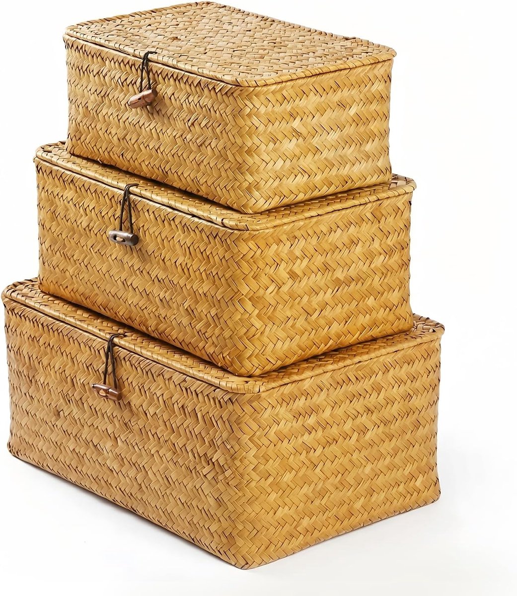 Set van 3 opbergmanden, natuurlijk zeegras opbergmanden met deksel, handgeweven decoratieve opbergdozen, boho-decoratie, kant-en-klare opbergoplossing voor slaapkamer, woonkamer en kantoor (A)