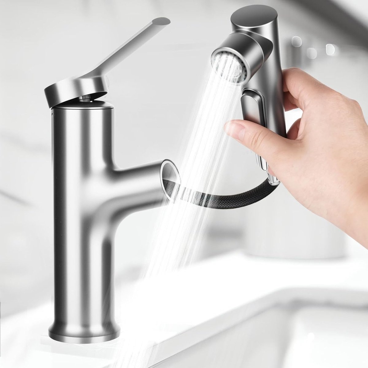 Kraan badkamer met uittrekbare douche, hogedruk wastafelarmatuur, eengreepsmengkraan met 3 straalsoorten, geschikt voor warm en koud mengkraan, wastafelarmatuur voor badkamer (Gun Ash)