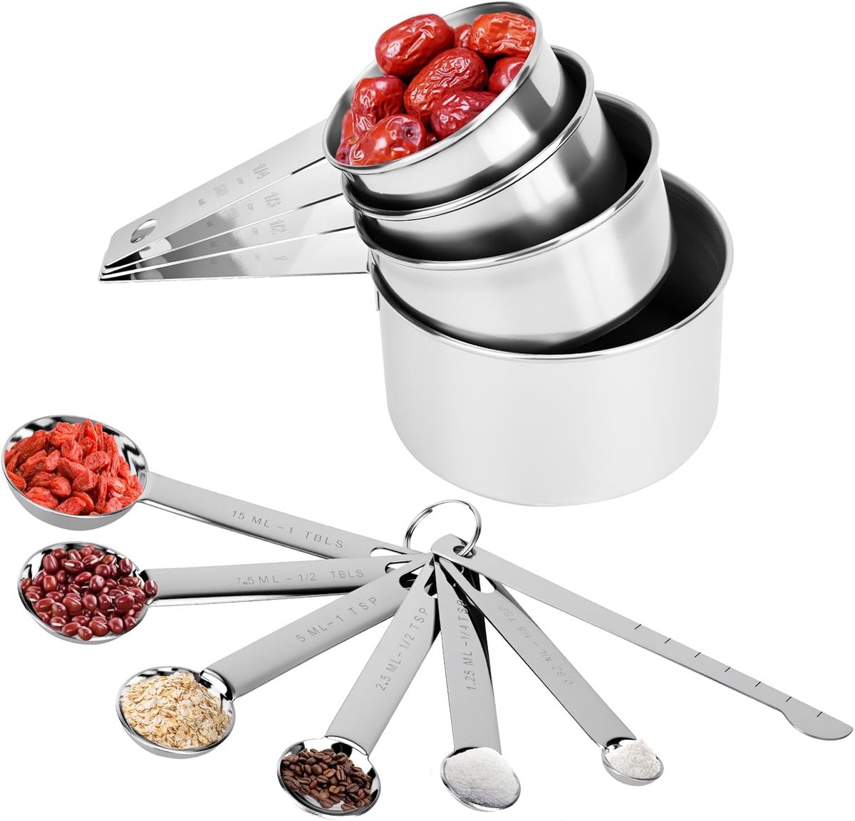 Set met 11 maatlepels, maatlepels en maatlepels van roestvrij staal met meetliniaal, keukenmaatlepel voor het meten van droge ingrediënten en vloeistoffen, maatlepel