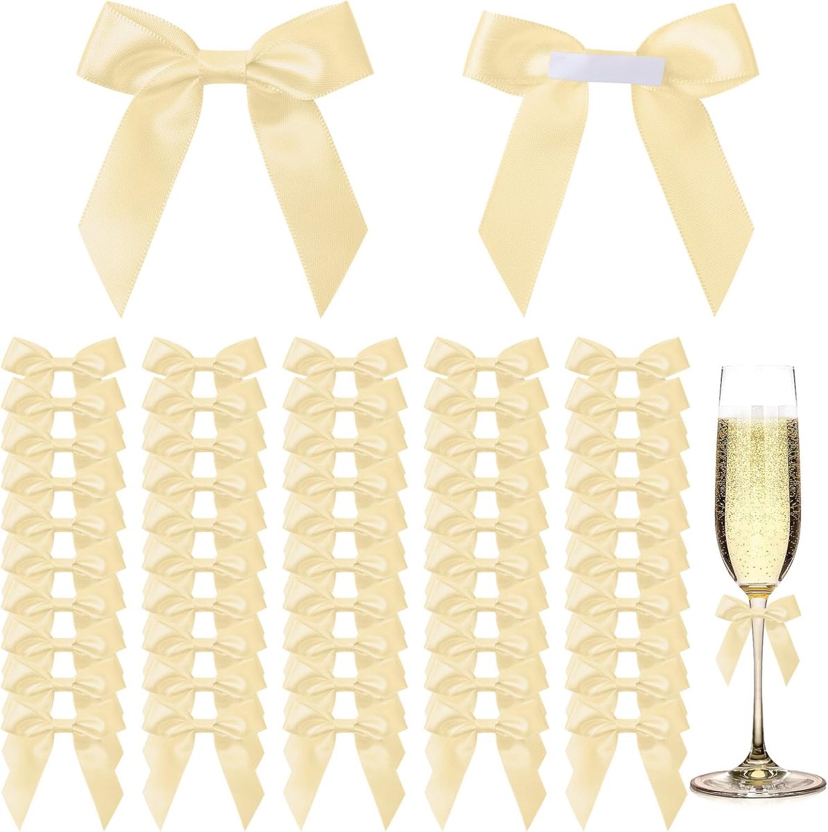 Strikken, 6 cm satijnen lint mini-strikken, champagnelint strik met kleverige achterkant voor geschenkverpakking, strikdecoraties voor knutselen, doe-het-zelf naaien