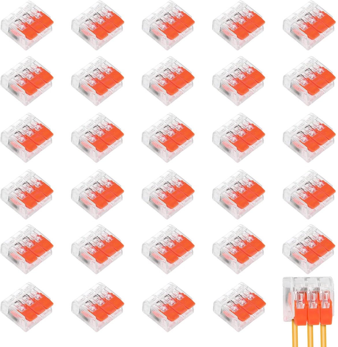 30 stuks kabelverbinders, 3-polig, 4 mm² geleiderklem, 450 V, 32 A | Kabelklemmen elektrisch, verbindingsklem met bedieningshendel, snelaansluitklem voor huisbekabeling en automobielsector