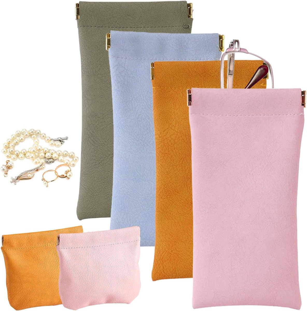 4 stuks brillenkokers, brillenkoker, zacht, brillenkoker, 2 stuks hoofdtelefoon-opbergtas, brillenzak, zonnebril mannen en vrouwen, brillenzakje, opbergtas, oranje, roze, blauw, groen, 17.5*