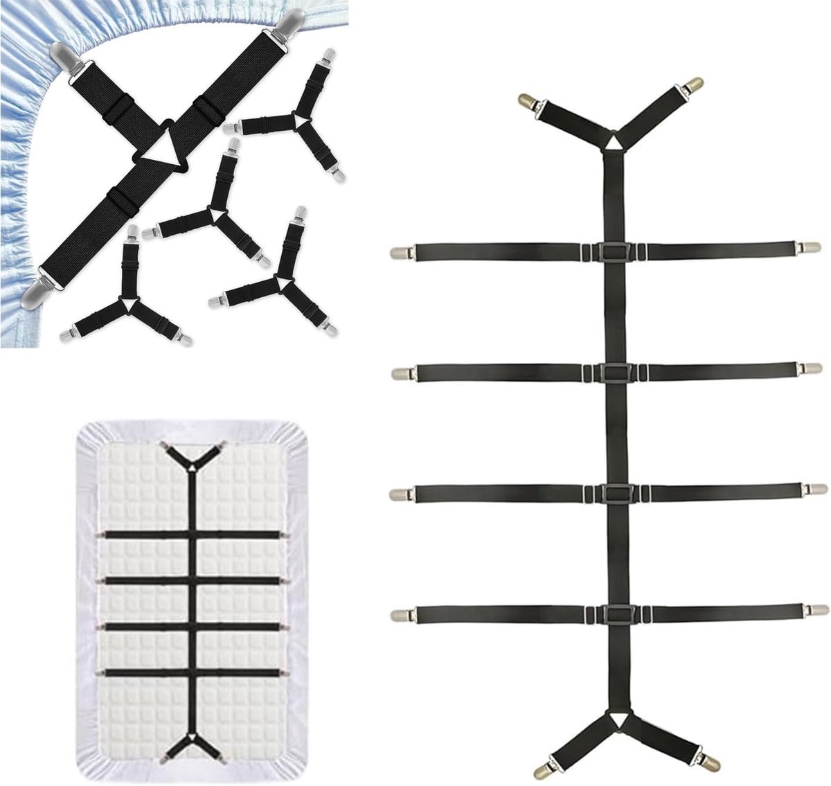 Lakenspanners, antislip, met roestvrije metalen clip en hoogwaardige elastische nylonband, voor het stevig vastzetten van beddenlaken/dekbedovertrekken, matras bank, strijkplank