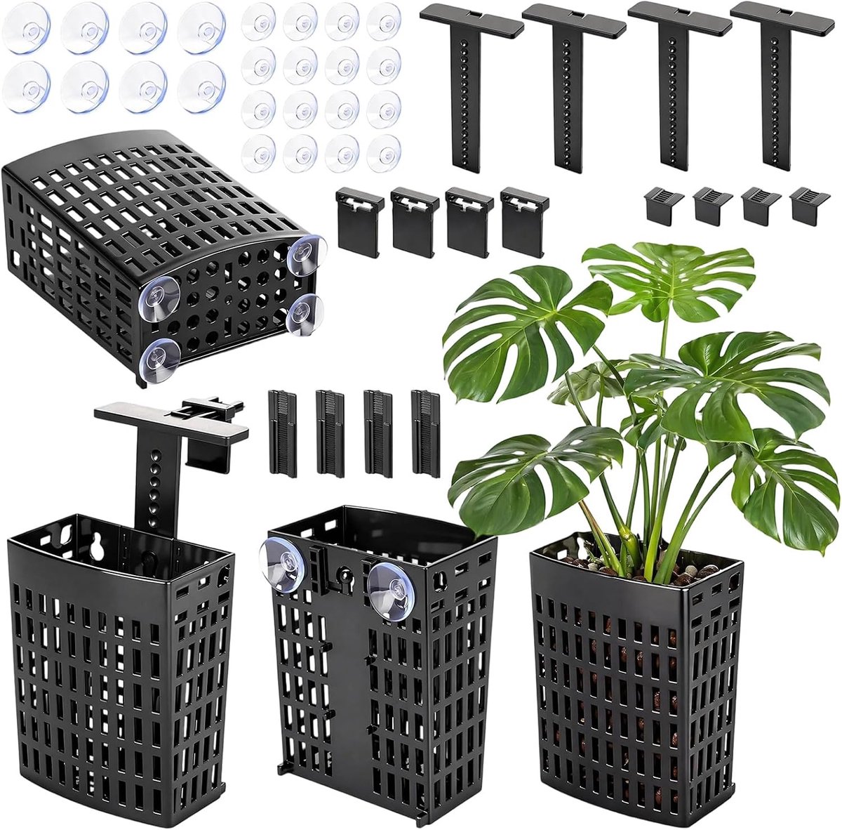 Set van 4 in hoogte verstelbare plantenhouders voor aquarium, hangende plantencultuur, hangende houder met zuignap en telescopische haak, aquariumplantenhouder voor aquascape decoraties, plantenpot