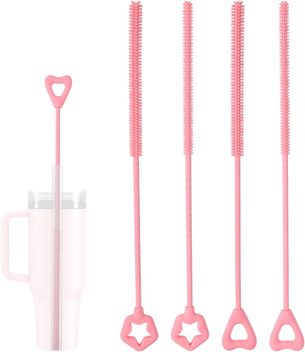 4st Siliconen Rietje Reiniger Borstel, 6mm + 9mm Herbruikbare Extra-Lange Reinigingsborstel voor 8mm en 10mm Metalen & Glazen Rietjes Vaatwasserbestendig (Roze, Ster & Hart)