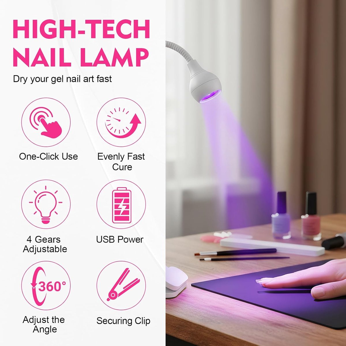 UV-lamp voor gelnagels, 3 W nageldroger LED-lamp voor gelnagellak met clip en USB-schakelaar, 360° flexibel draaibare mini UV-nagellamp, draagbaar UV-licht voor nagels, wit — cadeau in Verzorging - foto 2