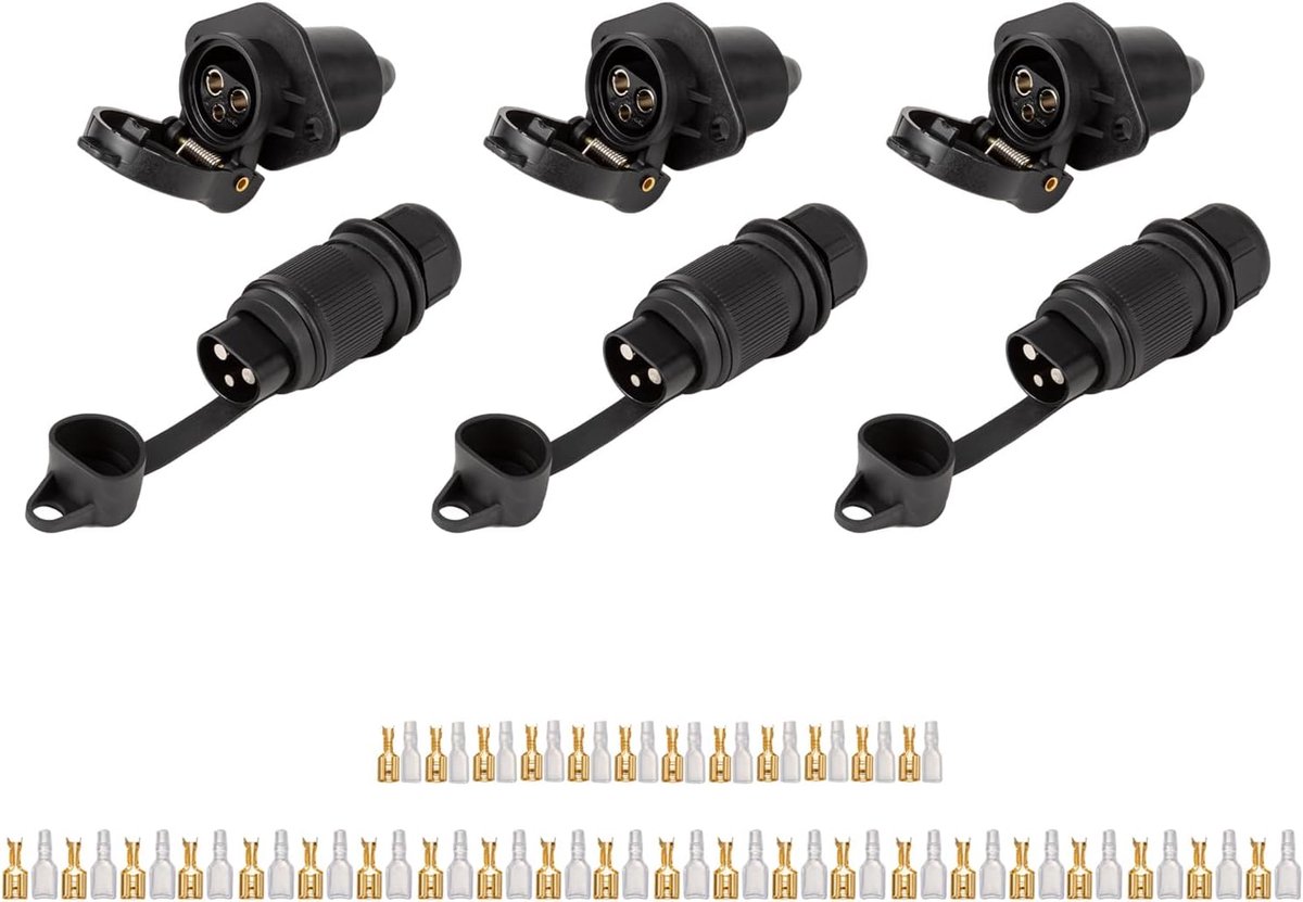 3 stuks 3-polige stekker 12V tractor en 3-polig stopcontact, Din 9680 waterdichte stekker stopcontact tractor 3-polig (3 stuks)
