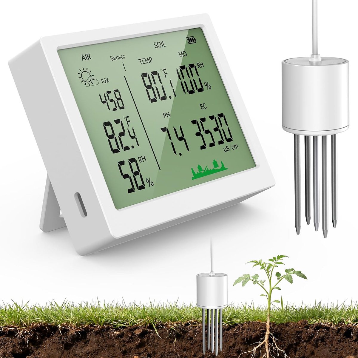 7-in-1 bodemmeter met groot lcd-display, bodemtester voor vocht, pH-bereik, vruchtbaarheid, bodem- en luchttemperatuur, luchtvochtigheid en licht, voor tuin en potplanten