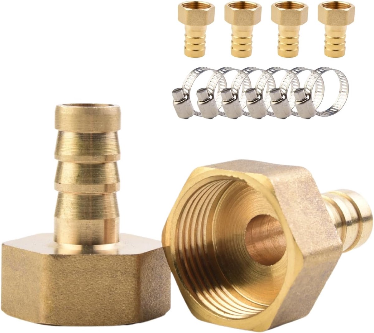 6 Delen Messing Barbaansluiting 14mm met Binnendraad G 1/2" | Voor wasmachines, tuinirrigatie en water | Inclusief 6 RVS Slangklemmen