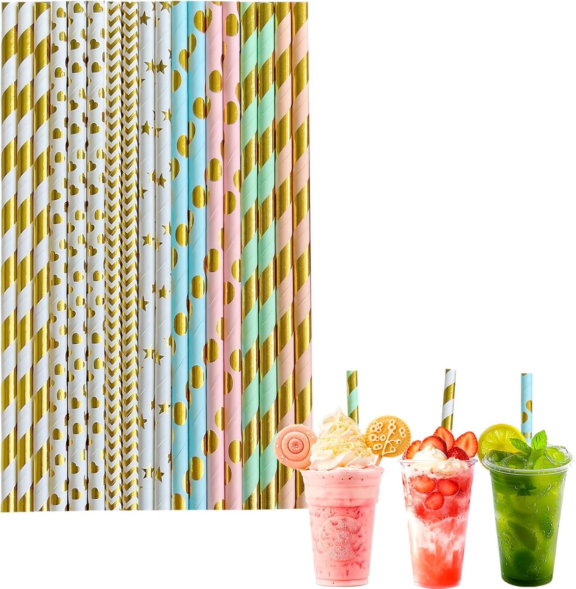 Rietjes voor knutselen, 8 inch 6mm boring biologisch afbreekbare wegwerprietjes, metallic folie papieren drinkrietjes koffie sap cocktailrietjes voor verjaardag bruiloft babyshower