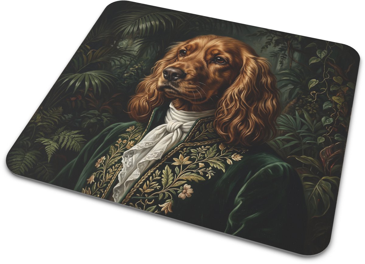 Prachtige rechthoekige muismat met portret van een Cocker Spaniel (Canis lupus familiaris) als koninklijke botanicus in verfijnde klassieke renaissancestijl unieke bureaudecoratie voor thuiswerkplek, kantoor en origineel cadeau