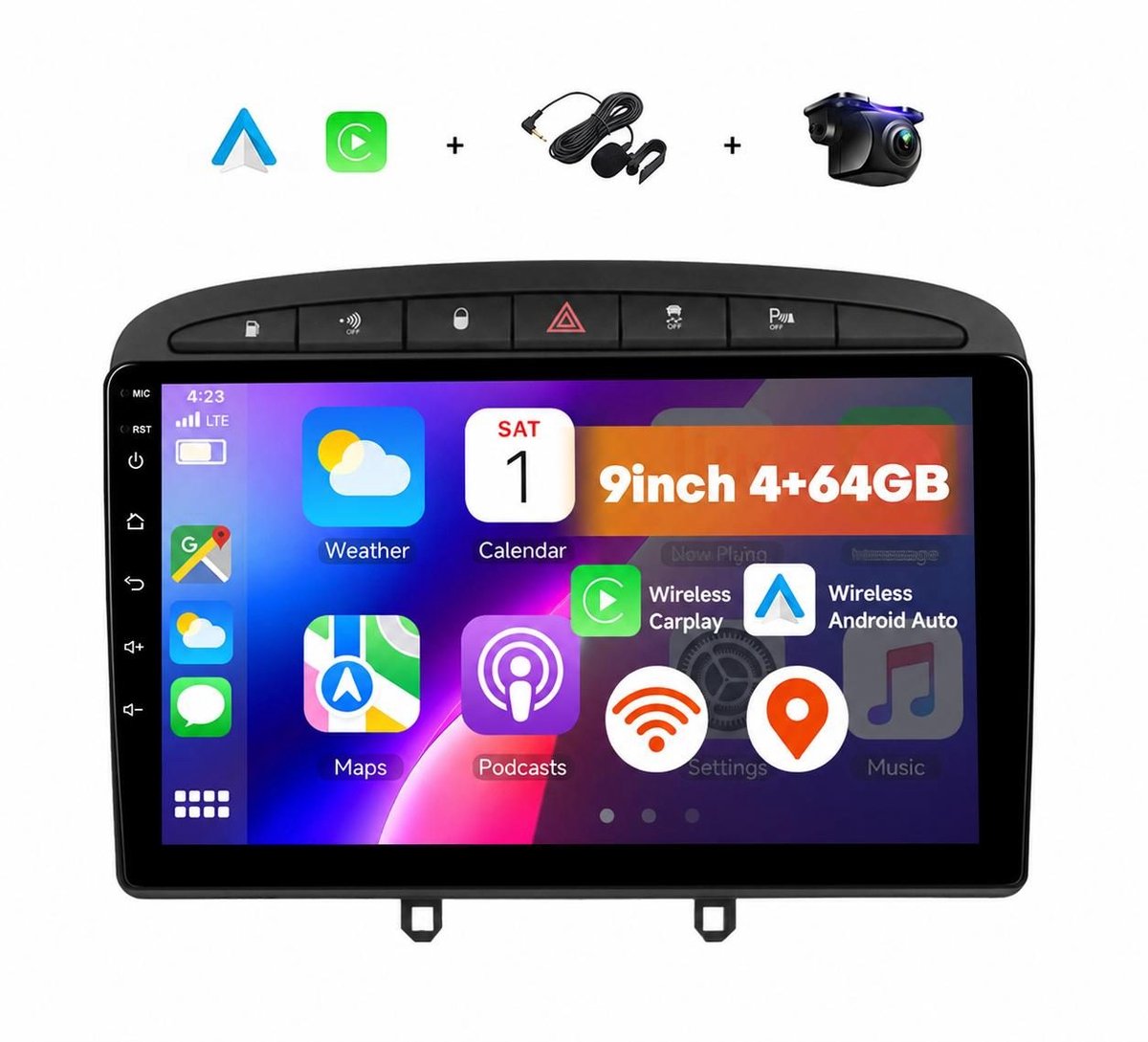 Boscer 2 Din Autoradio - Geschikt voor Peugeot 308 & Peugeot 408 (2007-2015) - Draadloos Apple CarPlay & Android Auto - 9 Inch HD Touchscreen - Android 15 - 4+64GB - GPS - WiFi, Bluetooth & USB - Achteruitrijcamera & Microfoon