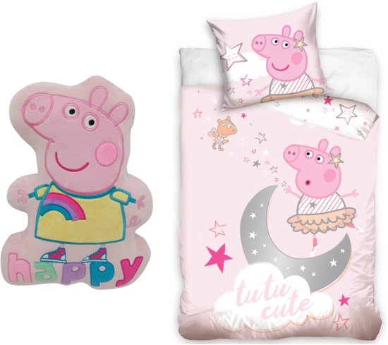 Housse de couette rose avec Peppa Pig sur la lune, tenue de ballerine. Coussin avec Peppa Pig et le texte 'happy'.