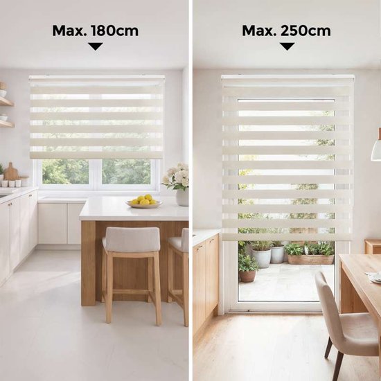 Witte duo rolgordijnen in een keuken en eetkamer, met maximale hoogtes van 180cm en 250cm.