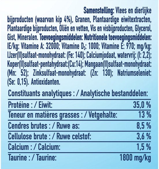 Samenstelling: Vlees en dierlijke bijproducten, granen, plantaardige eiwitextracten, plantaardige bijproducten, oliën en vetten, vis en visbijproducten, glycerol, gist, mineralen. Additieven: vitaminen A, D3, E en mineralen zoals ijzer, jodium, koper, mangaan, zink, seleen. Antioxidanten.